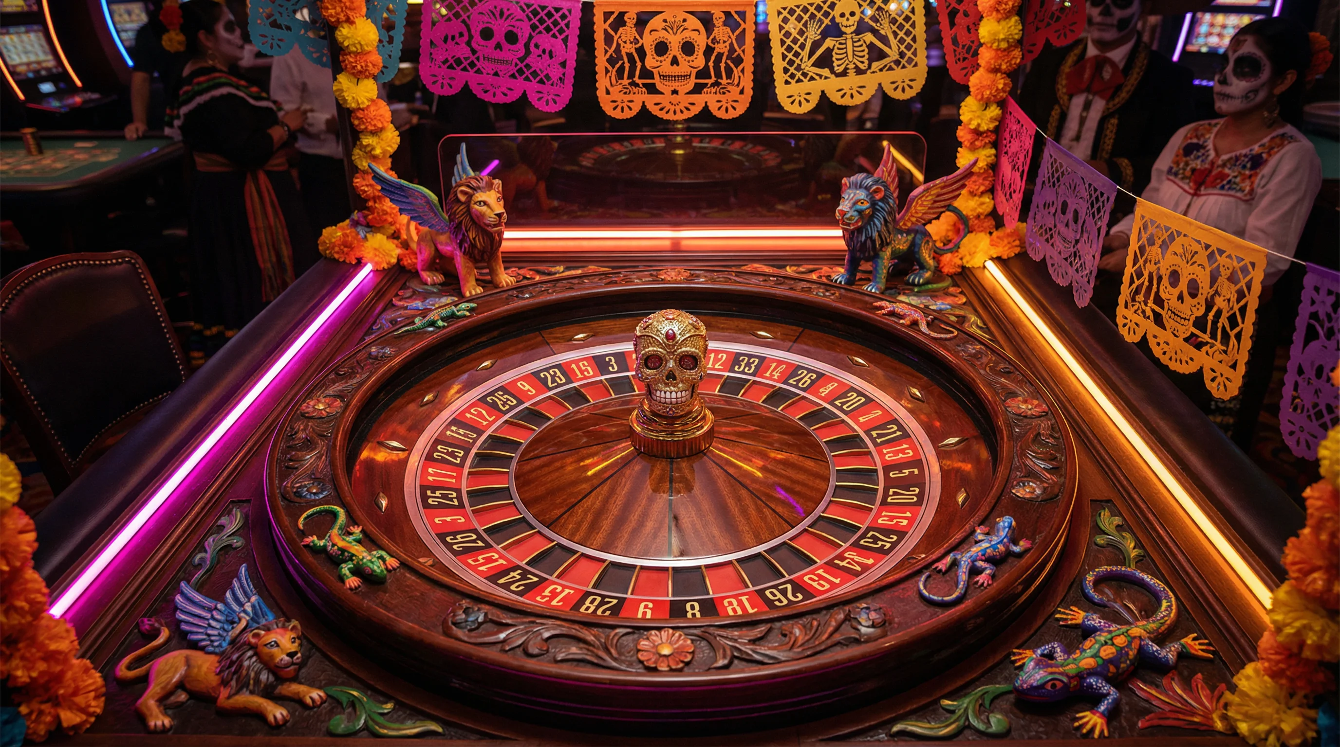 Ruleta mexicana con alebrijes y decoración tradicional